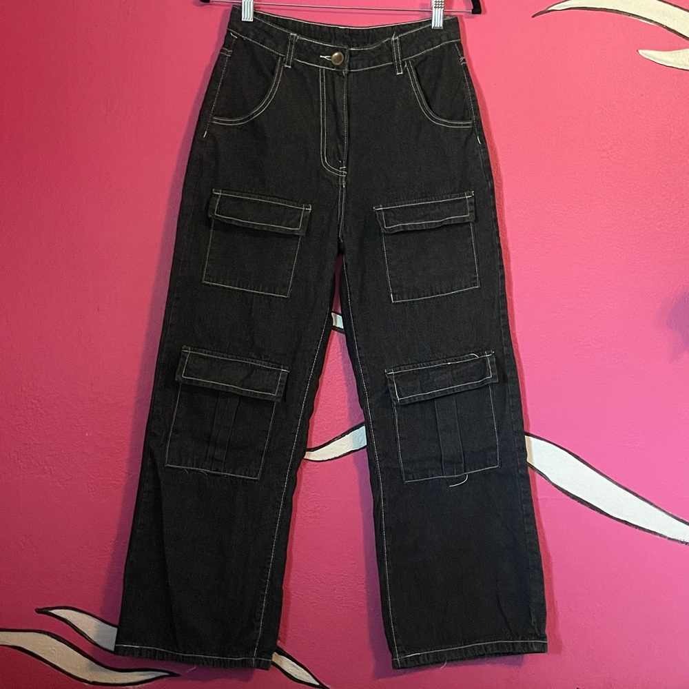 Black Cargo Pants with White Stitching